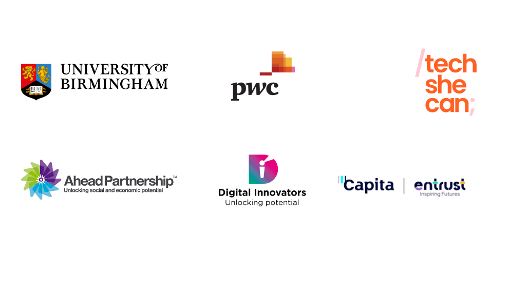 The logos of University of Birmingham, PwC and Tech She Can on the top row, below that are the logos of Ahead Partnership, Digital Innovaters and Entrust